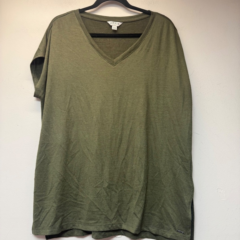Orvis V-Neck T-Shirt Women XL Olive Green Good Classic Short Sleeve Relaxed Fit